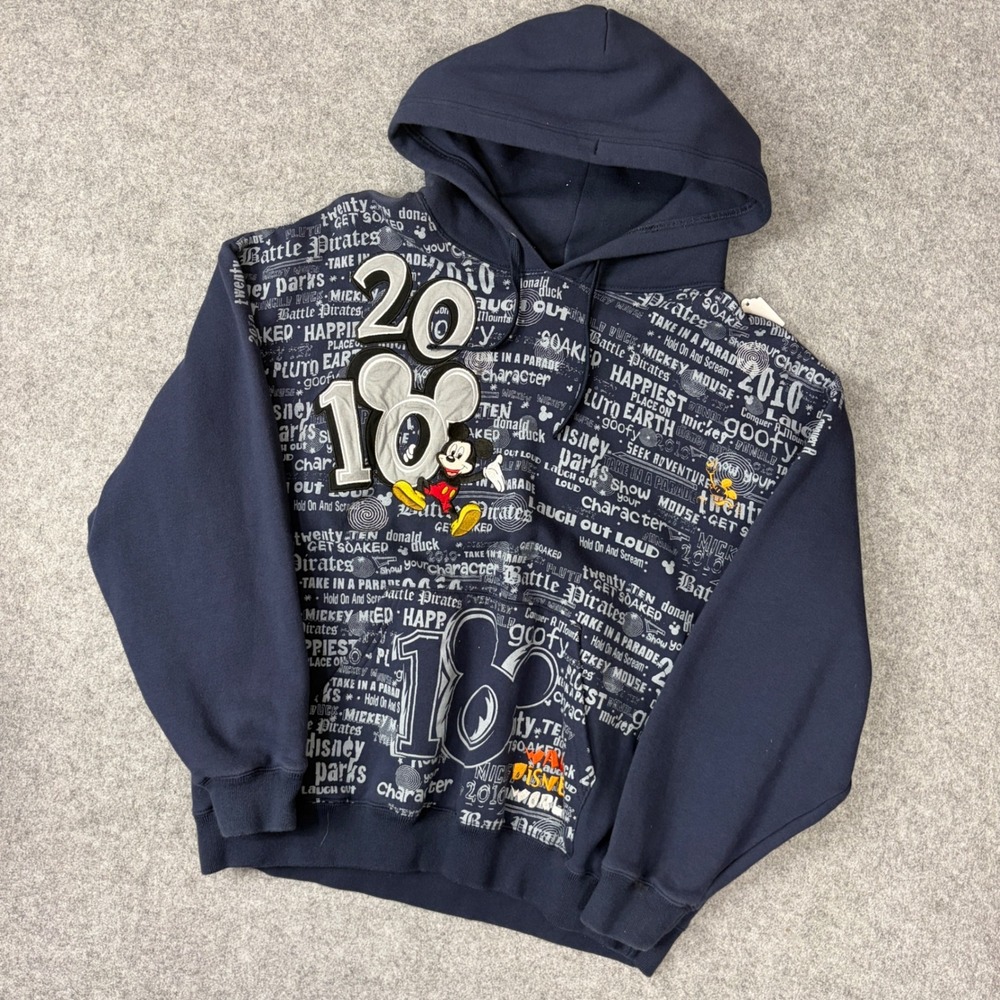 Disney Parks 2010 Mickey Mouse Hoodie Navy Blue All Over Print Sweatshirt Small
